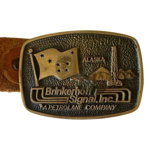 Vintage 80s Brass Alaska Belt Buckle Hand Tooled Leather Belt Brown